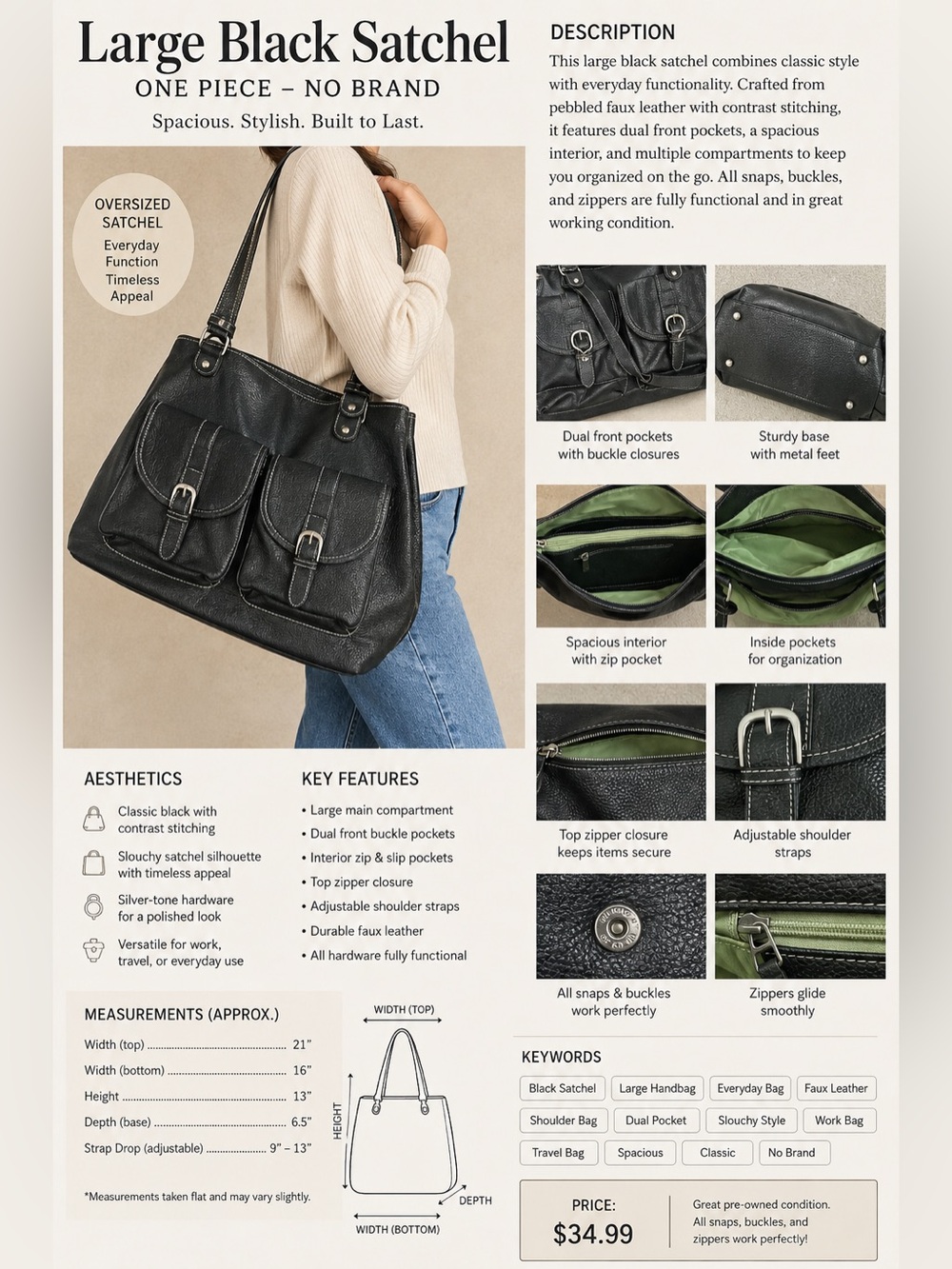 No Brand Large Black Satchel – Black Faux Leather
